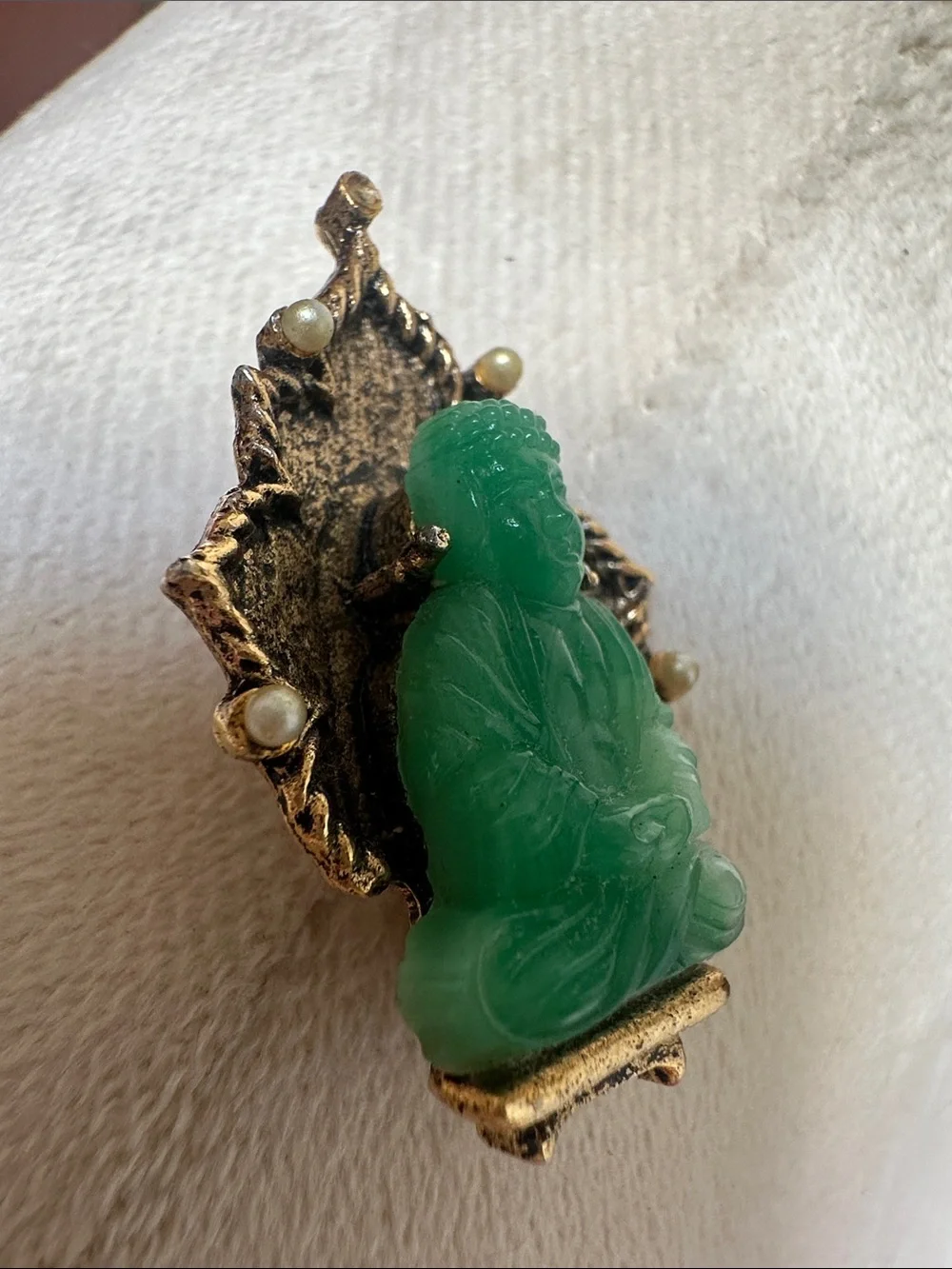 Vintage Jade Peking Glass Buddha with Faux Seed Pearl Signed Ambassador Brooch